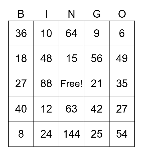 Basic Facts - Multiplication Bingo Card