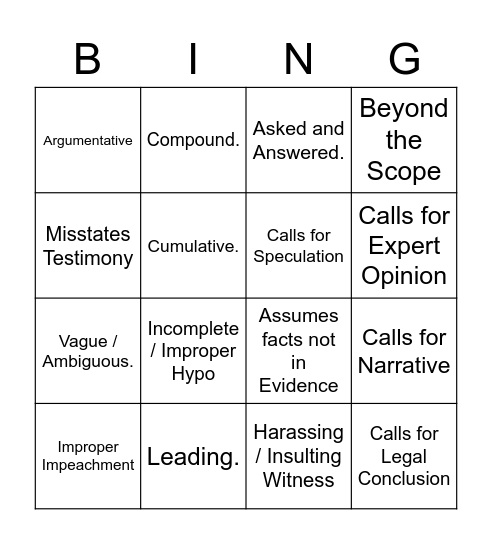 Objections to Form Bingo! Bingo Card