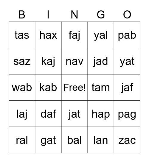 Nonsense CVC Words (Short A) Bingo Card