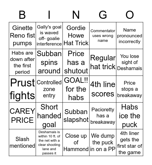 Habs Bingo Card