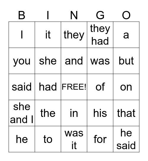 Sight Word Bingo (1A & 1B) Bingo Card