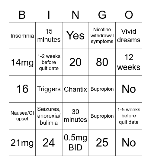 Smoking Cessation Bingo Card