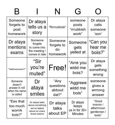 Dr Ataya’s class bingo - lockdown edition Bingo Card