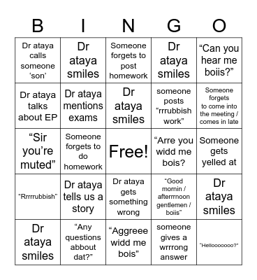 Dr Ataya’s class bingo - lockdown edition Bingo Card