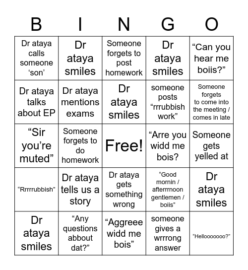 Dr Ataya’s class bingo - lockdown edition Bingo Card