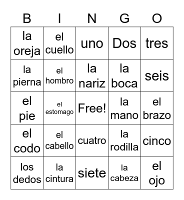 Numeros y partes del cuerpo en espanol Bingo Card
