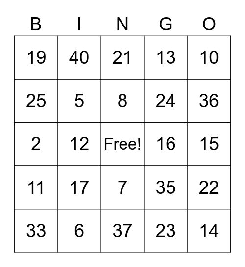 Subtraction and Addition BINGO Card