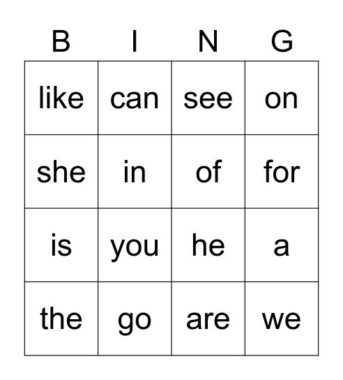 Sight Word Bingo Card