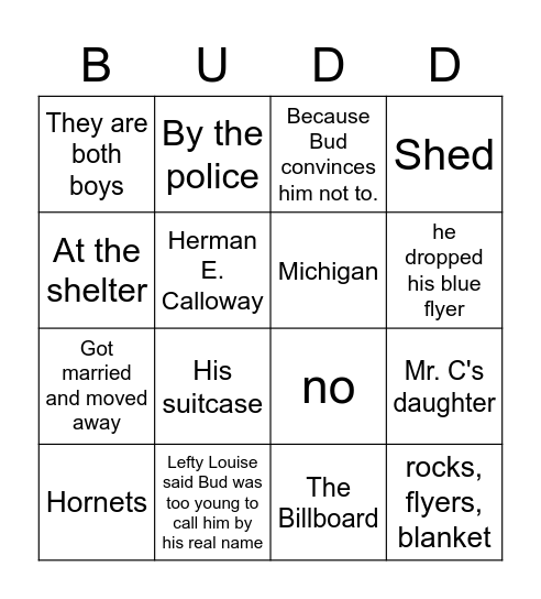 Bud, Not Buddy Bingo Card
