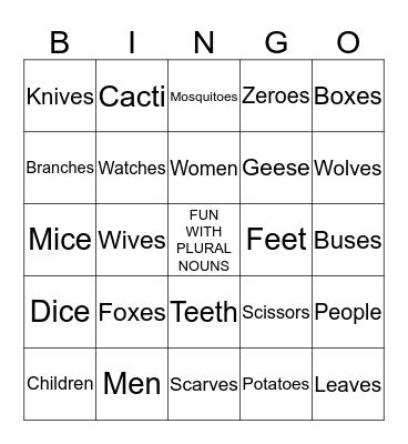 Bingo Fun with Plural Nouns Bingo Card