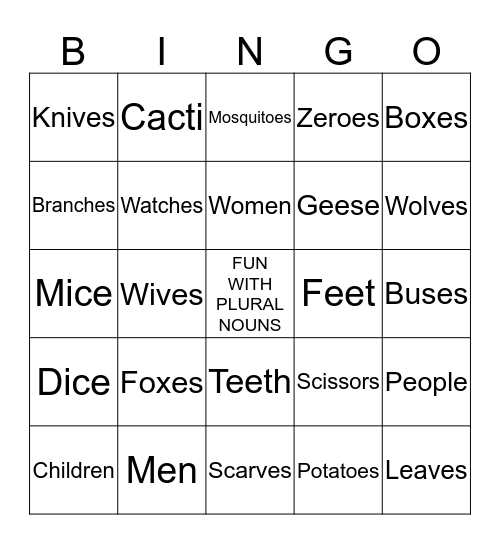 Bingo Fun with Plural Nouns Bingo Card