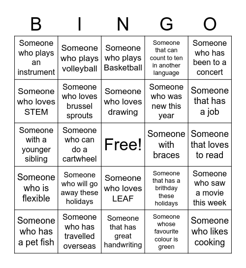 Year 8E Bingo Card