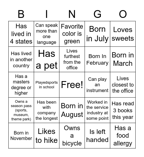 UX Co-Worker Get to Know You Bingo Card
