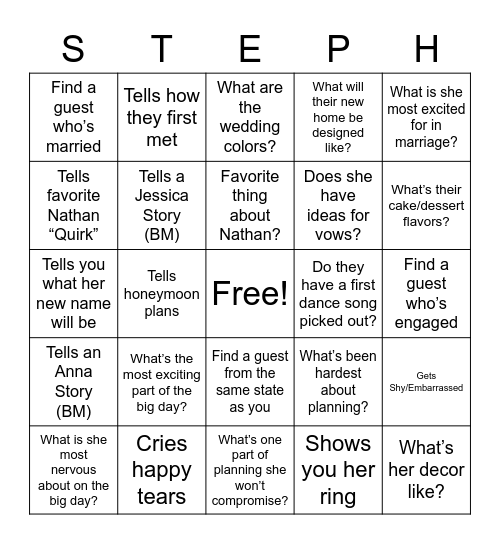 Bridal Shower Bingo Card