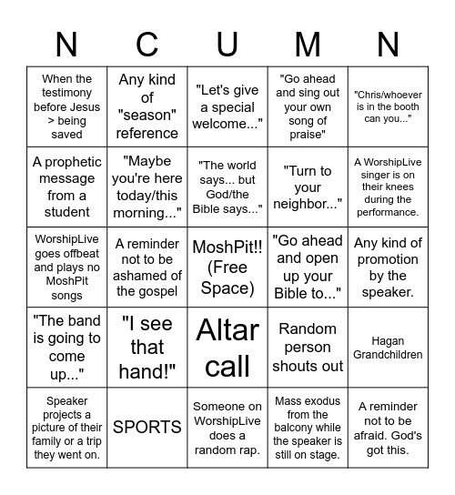 Chapel Bingo Card