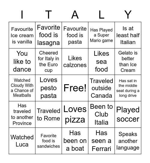 Italy 2021 Bingo Card