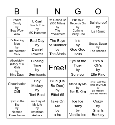 One Hit Wonder Bingo Card