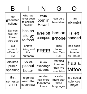 International Student Association Bingo Card