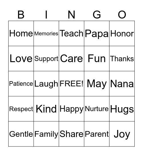 Mother's Day/Dad's Birthday Bingo Card