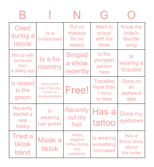 Bridal Shower Bingo Card