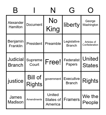 Constitution Day Bingo Card