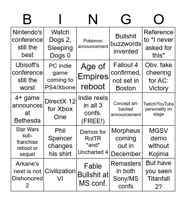 E3 2015 BINGA Bingo Card