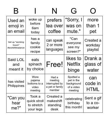 WFH Set-up Bingo Card