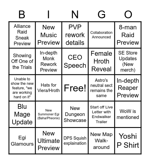 FFXIV Live Letter BINGO Card