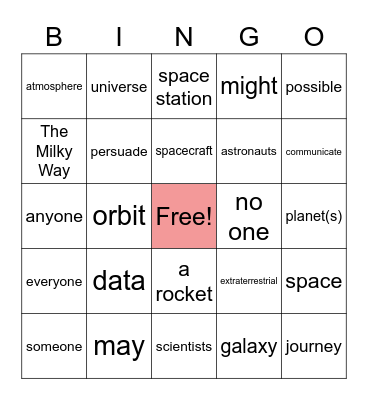 PRM 5 Unit 4 Space Vocabulary Bingo Card