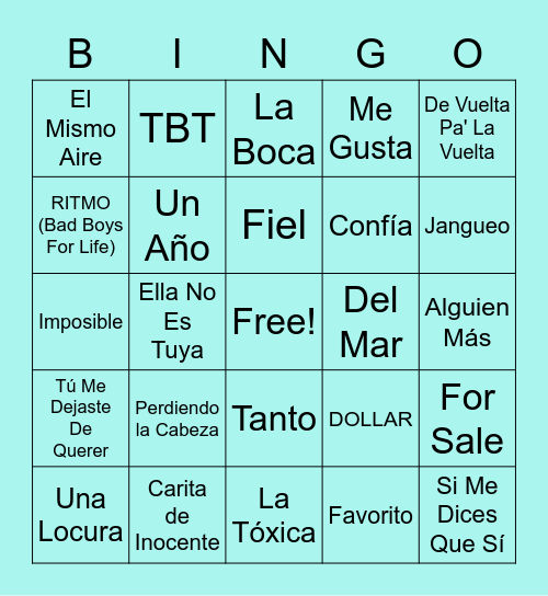 LATIN HIT MIX MUSIC BINGO Card