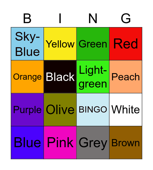 Colours Bingo Card