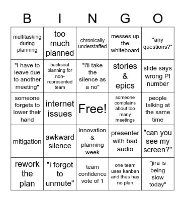 PI Planning Bingo Card