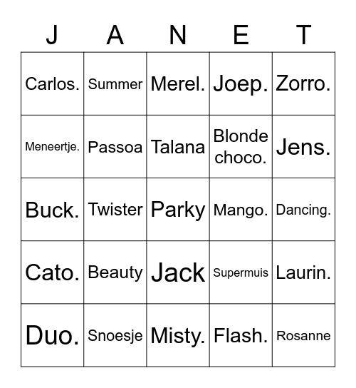 Super Bingo Janet 50! Bingo Card