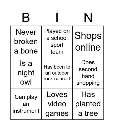 Get to know you Bingo Card