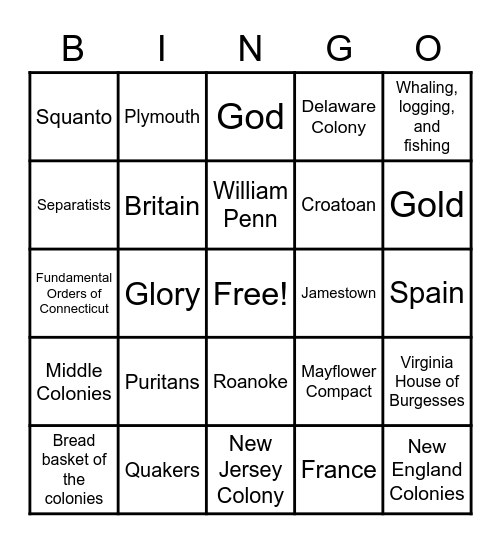 Colonial Bingo (NE and Middle) Bingo Card