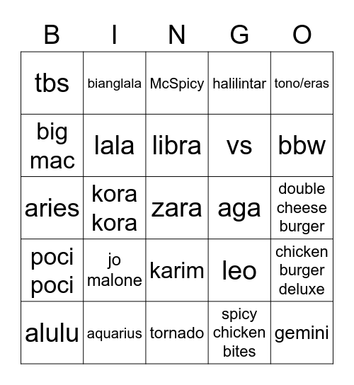 nana Bingo Card