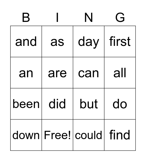 Sight Word Bingo Card