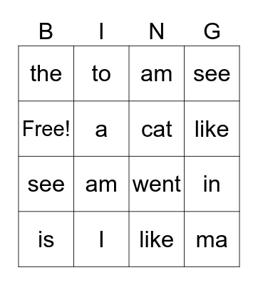 Sight Words Bingo Card