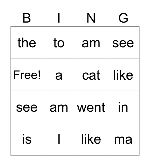 Sight Words Bingo Card