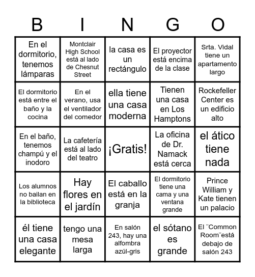 LA CASA y OBJETOS EN LA CASA y PREPOSICIONES Bingo Card