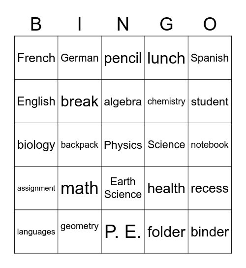School Review- Clases y materiales Bingo Card