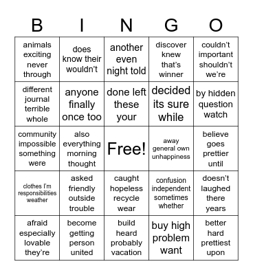Sight Words Bingo Card