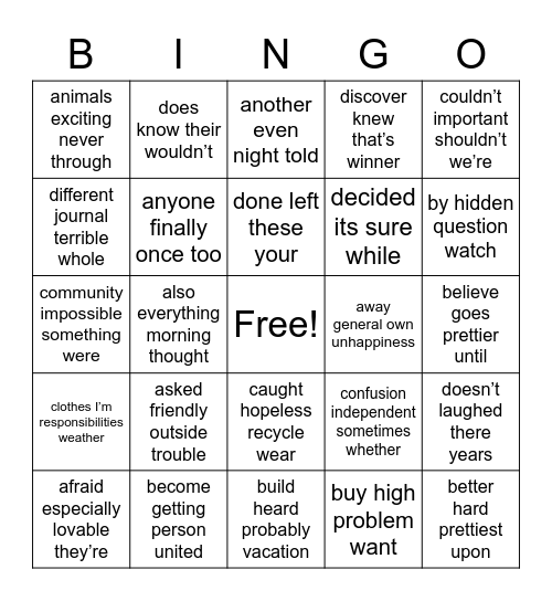 Sight Words Bingo Card