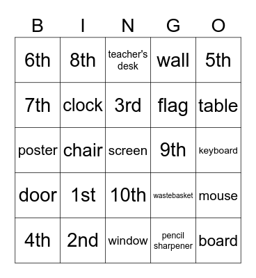 School Review- ordinal numbers and classsroom items Bingo Card
