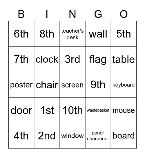 School Review- ordinal numbers and classsroom items Bingo Card
