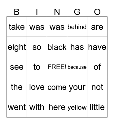 Sight Words Bingo Card