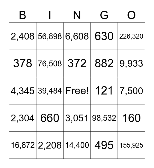 Multiplication Bingo Card