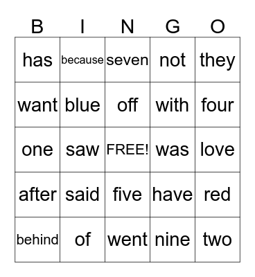 Sight Words Bingo Card