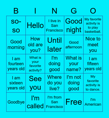 Conversation Spanish Bingo Card