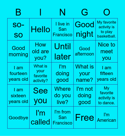 Conversation Spanish Bingo Card